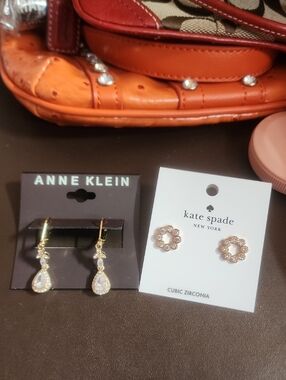 Kate Spade Floral Studs & Ann Klein Crystal Tear Drop Dangle Earrings Nwt 2 Fer!